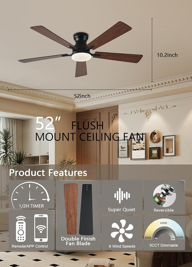 JSAITEE Ceiling Fans with Lights, 52Inch Low Profile Ceiling Fan with Light and Remote/App Control, Modern Flush Mount Brown Ceiling Fan, 3CCT Dimmable, Reversible DC Motor, for Living Room,Bedroom