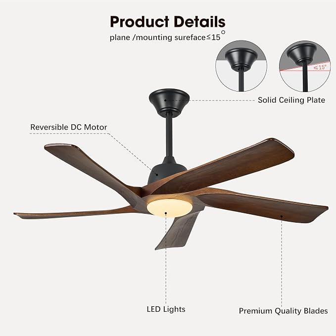52" DC Ceiling Fan with Light, 5 Solid Wood Blades, Remote and APP Control, 3-color Dimmable, 6-speed Reversible, Quiet Ceiling Fan for Bedroom, Living Room, Dark Walnut