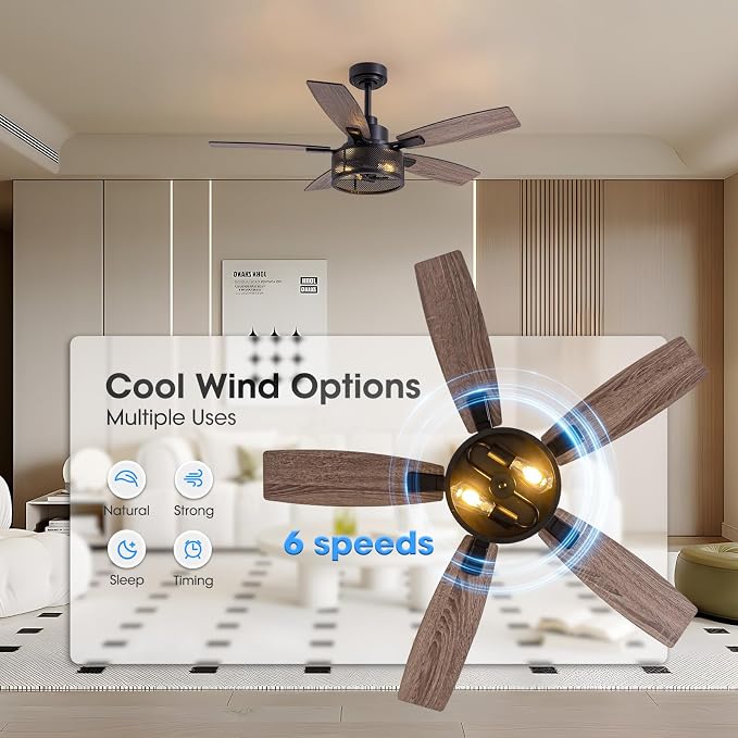 LuminFan 46 Inch Ceiling Fans with Lights and Remote Control, Farmhouse Ceiling Fan for Bedroom Living Room and Patio, Black Caged Ceiling Fan for Indoor and Outdoor