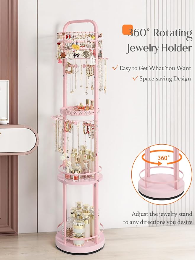 Jewelry Holder Organizer, Floor Jewelry Organizer with Earring Organizer Necklace Holder, Rotating Jewelry Stand Necklace Display Earring Storage, Large Hanging Jewelry Tree for Jewlery Bracelet Ring