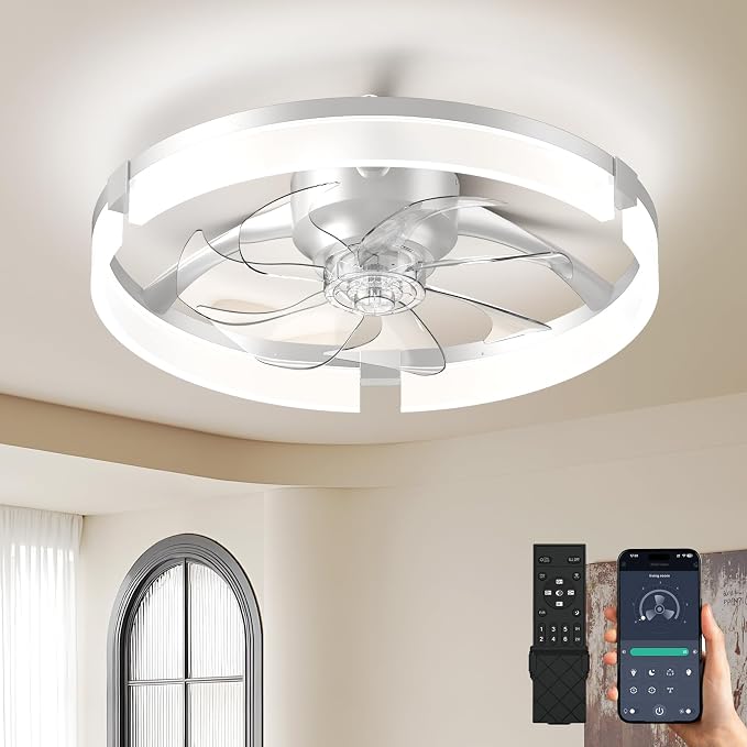 Ceiling Fans with Lights and Remote, 20'' Low Profile Ceiling Fan with APP Control, 3000K-6500K Dimmable, Quiet Reversible DC, Modern Flush Mount Fandelier for Bedroom (White-Frosted)