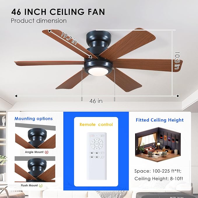 Hounberi 46" Low Profile Black Ceiling Fan Pull Chain with Light and Remote | Flush mount modern design. Features 3-CCT dimmable LED & quiet reversible motor. Ideal airflow for bedroom & living room
