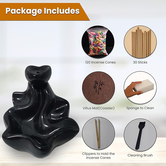 Ceramic Backflow Incense Holder Smoke Waterfall Burner Set with 120 Backflow Incense Cones, 30 Incense Sticks & Premium Accessories for Aromatherapy Home Decor