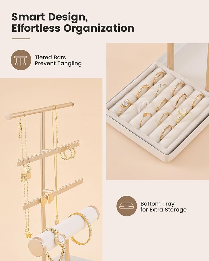 Lolalet Jewelry Organizer Stand, Necklace Bracelet Holder -Champagne Gold | Space-Saving Jewelry Display Storage Rack on Vanity Dresser for organizing Earrings Bangels Rings