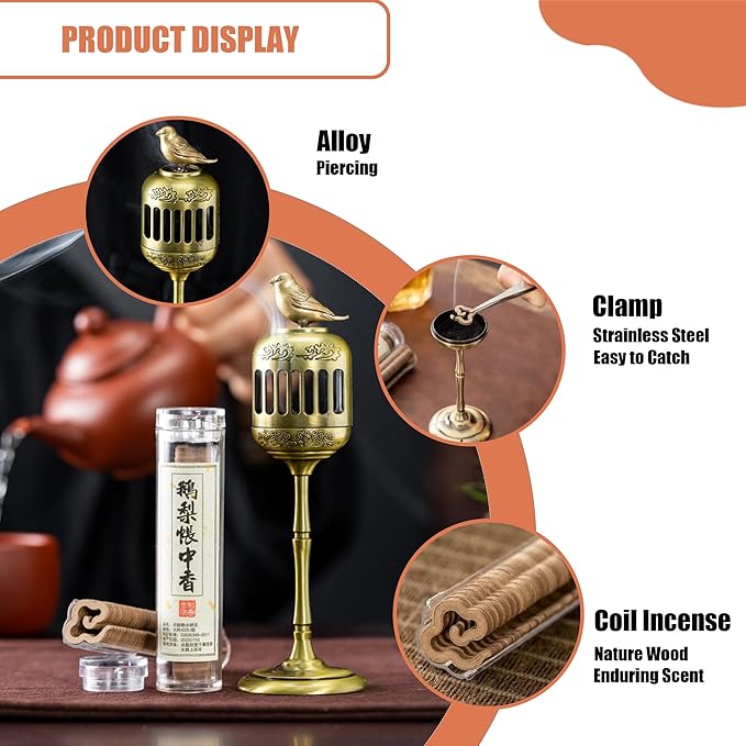 Oriental Sparrow Incense Burner Holder for Coil Incense/Incense Cones- Ancient Bronze Alloy Incense Burner Artwork with Yoga Meditation Home Office Decor