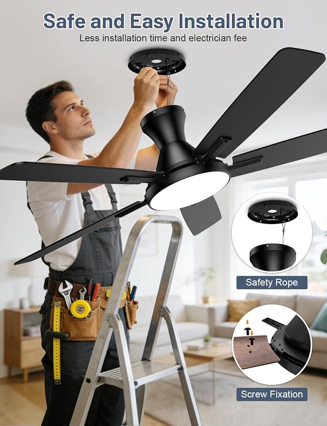 Ceiling Fan with Lights, 52” Ceiling Fan with Light and Remote/APP Control, 2700-6500K CCT Adjustable, Stepless Dimmable, Quiet Reversible Motor, Flush Mount LED Fans Light for Bedroom Living Room
