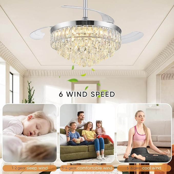 42'' Chandelier Ceiling Fan with Lights, Retractable Fan with Remote and APP, Crystal Fandelier Ceiling Fan, Dimmable LED, Reversible Motor, Quiet for Bedroom Living Room-Chrome