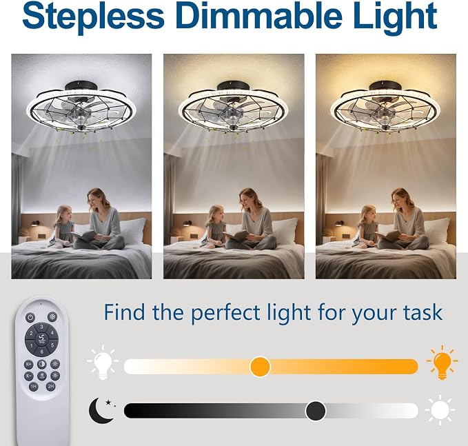 Dalouguan Matte Black Ceiling Fan with Light, Farmhouse Chemistry Molecular Model Caged Ceiling Fan with Remote, LED Low Profile Ceiling Light for Bedroom Kitchen Living Room