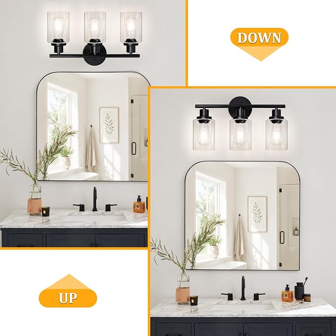Unicozin Modern Bathroom Light Fixtures, 3 Light Vanity Lights with E26 Bulbs, Black Wall Lamp with Clear Glass for Mirror Living Room Hallway Cabinet Porch