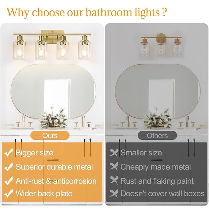 Indoi 4-Light Bathroom Light Fixtures, Brass Modern Vanity Lights with Clear Glass Shades, Bathroom Wall Lamp for Mirror Living Room Cabinet Bedroom Porch