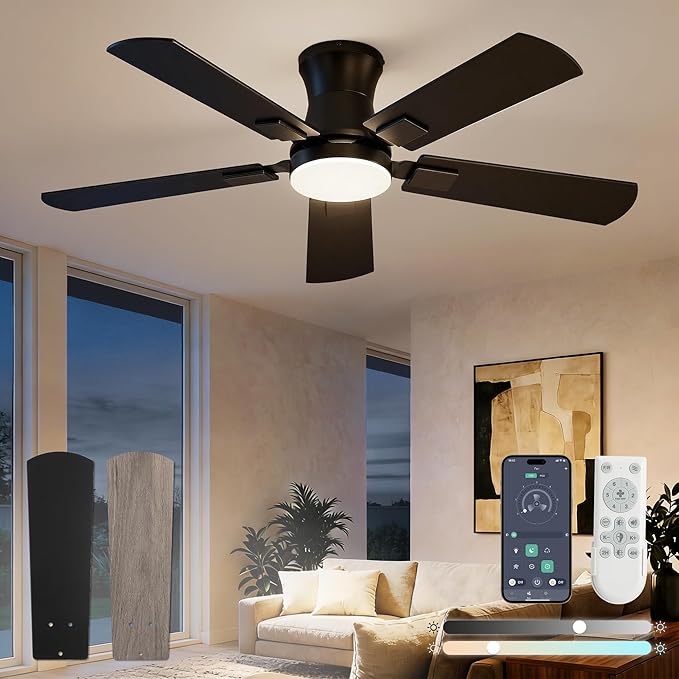 Fanbulous 42 inch ceiling fan with light, Low Profile Ceiling Fan with Light, App&Remote Control, Dimmable LED Light, Flush Mount Ceiling Fan for Indoor Bedroom Living Room, Qiuet DC Motor