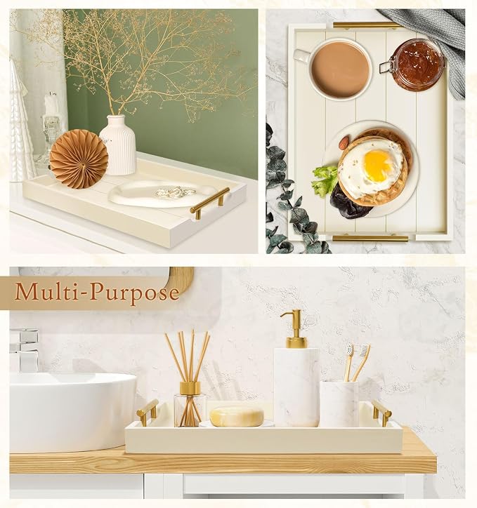 SXNOWS Wooden Serving Tray with 2 Sets of Handles,Cream | Rectangle 16.5x13 Inch Ottoman Decorative Tray for Coffee Table Kitchen Bar Living Room Breakfast in Bed, 4 Coasters Included