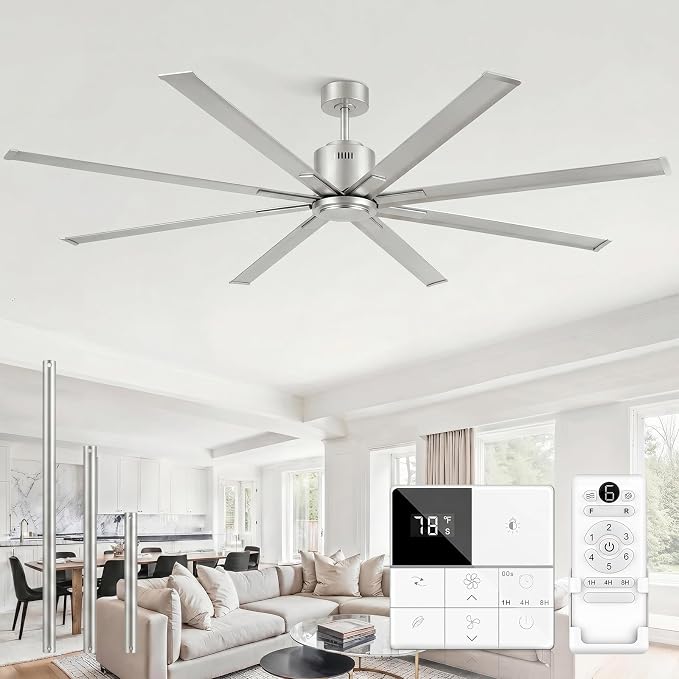 84 Inch Large Outdoor Ceiling Fan No Light, High CFM Industrial Metal Shop Garage Fan, 8 Aluminum Blades Heavy Duty DC Motor HVLS Commercial Fans Without Light for Gym, Patio, Brushed Nickel