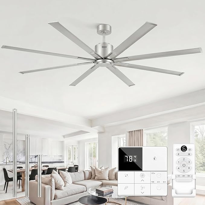 96 Inch 8 ft HVLS Industrial Ceiling Fan no Lights, Big Air High CFM Giant Large Metal Commercial Ceiling Fan, BLDC Motor 8 Blades Heavy Duty Silver Outdoor Fan for Garage Shop Barn Brushed Nickel