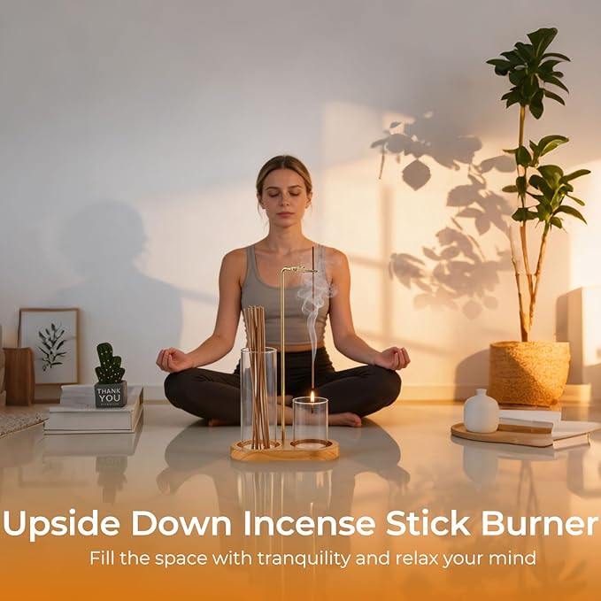Upside Down Incense Stick Burner, Including Wood Base, Glass Ash Catcher Detachable Metal Incense Holder, Anti-Scald Design for Meditation, Yoga, Home & Office Decor