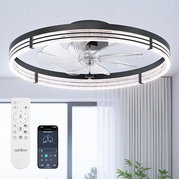 addlon Ceiling Fans with Lights and Remote, 24'' Low Profile Ceiling Fans, 3000-6000K Dimmable Modern Flush Mount LED Fan Light, Fandelier Ceiling Fan for Bedroom, Kitchen, Living Room, Black
