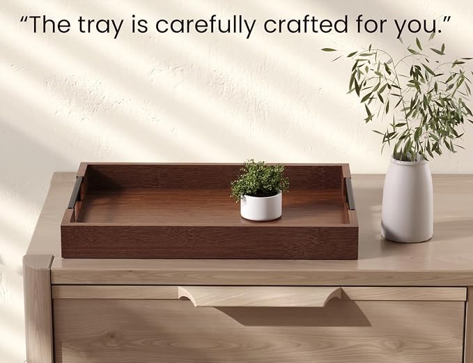 Fibogollo Bamboo Serving Tray with Metal Handles,17x12in Ottoman Decorative Trays Platter for Coffee Table,Living Room,Bar,Party,Large(Brown)