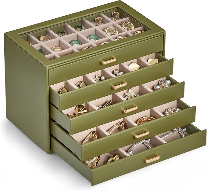 Lolalet Earring Organizer, Jewelry Box with Clear Lid -Sage, 5 Layer | PU Leather, Velvet, Removable Dividers, Dustproof, Easy Clean, For Studs Rings, Gift for Women Girls, Home Aesthetic Decor