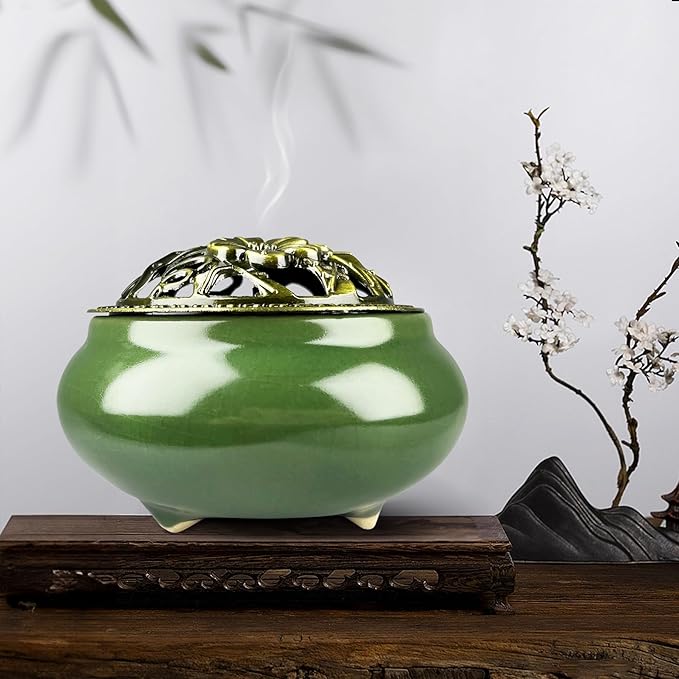 Ceramic Incense Burner, Bowl Burner,Cone Incense Burner with Brass lid for use with Stick or Cone-Shaped Incense，Lotus Incense Stick Holder Calabash Incense Stick Holder, 3pc (Dark Green)