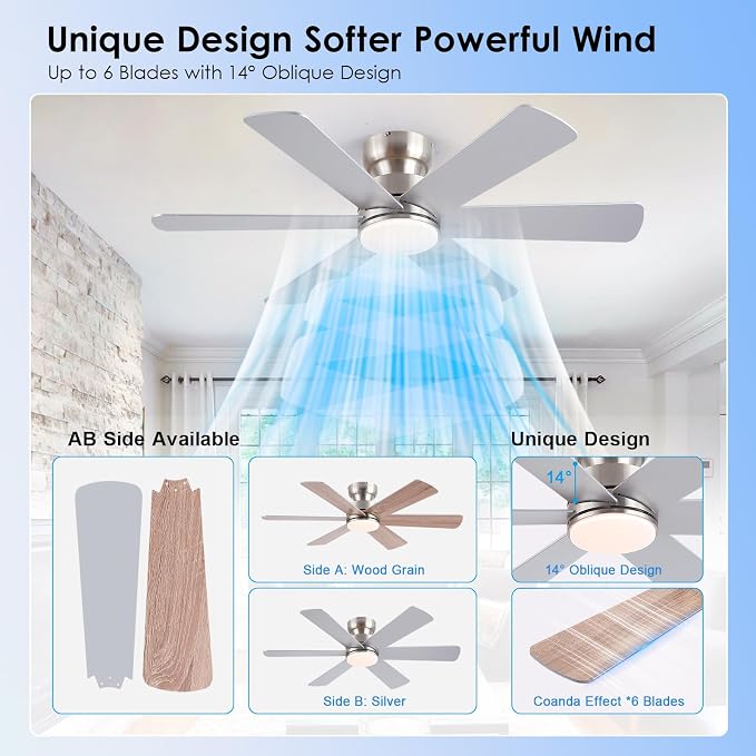 BayDay Ceiling Fans with Lights, Ceiling Fan with Remote APP, Dual-Sided Modern/Rustic, Reversible, 3CCT, Flush Mount Low Profile Ceiling Fan with Lights Bedroom Kitchen Indoor (Nickel, 46 inch)