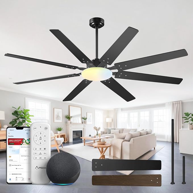 Amico Ceiling Fans with Lights, 72 inch Smart Ceiling Fan Compatible with Alexa/App/Remote Contro,Reversible DC Motor, 6 Speeds, Dimmable 3CCT LED, Quiet Indoor/Outdoor for Living Room, Great Room
