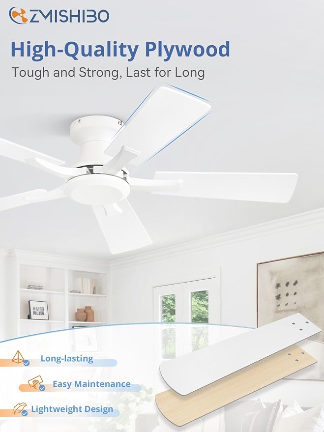 ZMISHIBO 42 Inch Ceiling Fan No Light, Flush Mount Low Profile, Modern White Ceiling Fan Without Light, Remote Control & Quiet DC Motor, for Indoor&Outdoor, Bedroom, Living Room
