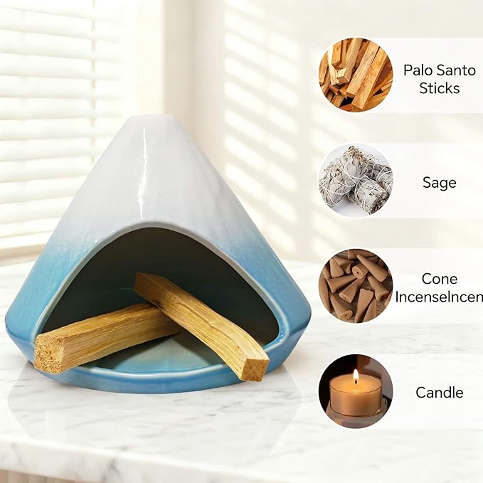 Ceramic Incense Burner, Palo Santo Holder for Palo Santo Sage, Incense Cones Holder, Smudge Bowl with Ash Catcher, Heat Resistant for Yoga, Meditation, Aromatherapy Home Decor