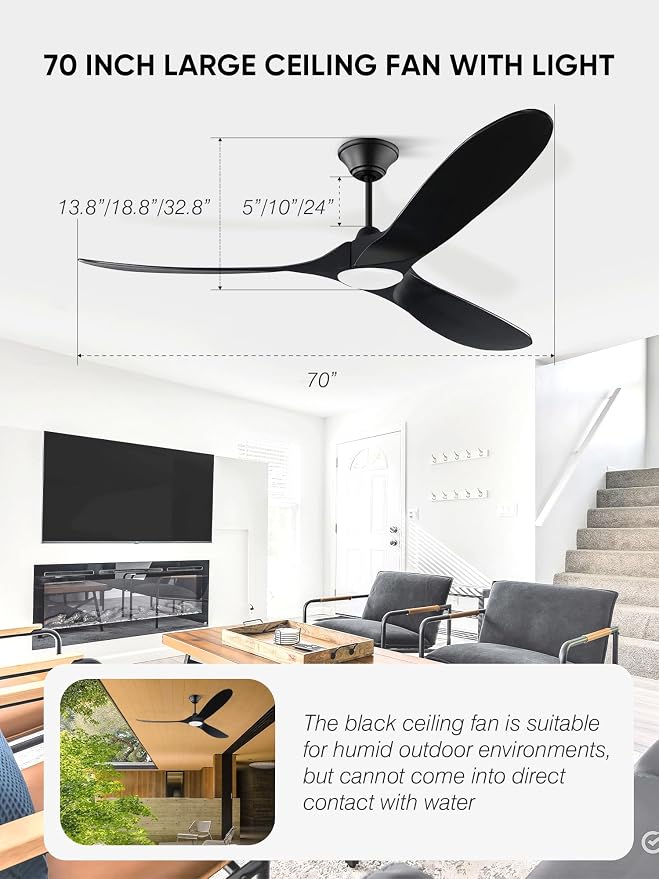 70 inch Black Outdoor Ceiling Fan with Light, Large Solid Wooden Damp Rated Ceiling Fan, DC Motor, 3CCT, Super quiet, Modern Propeller Ceiling Fan for Patios Porch Exterior Indoor