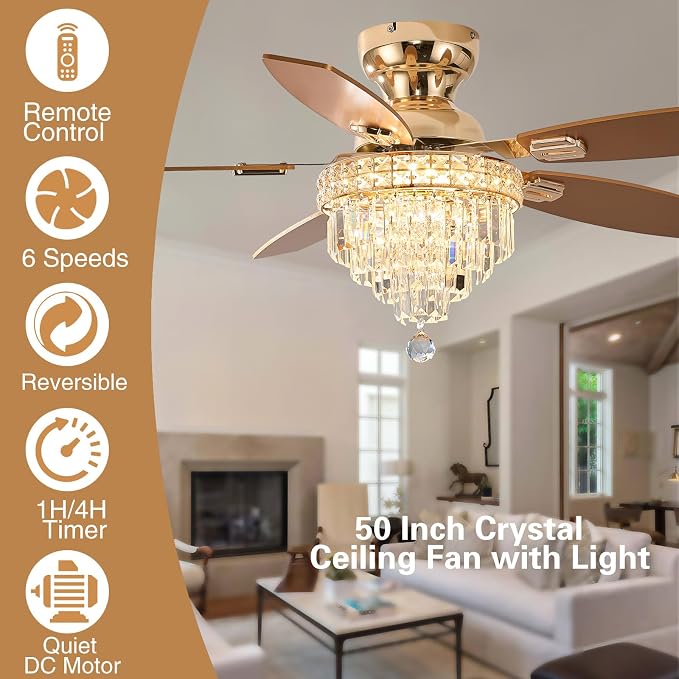 Crystal Ceiling Fan Fandelier with Lights-Ceiling Fans with Lights,50" Low Profile and Remote Control, Flush Mount, Reversible, Dimmable, Noiseless,Ceiling Fan for Bedroom（Gold）