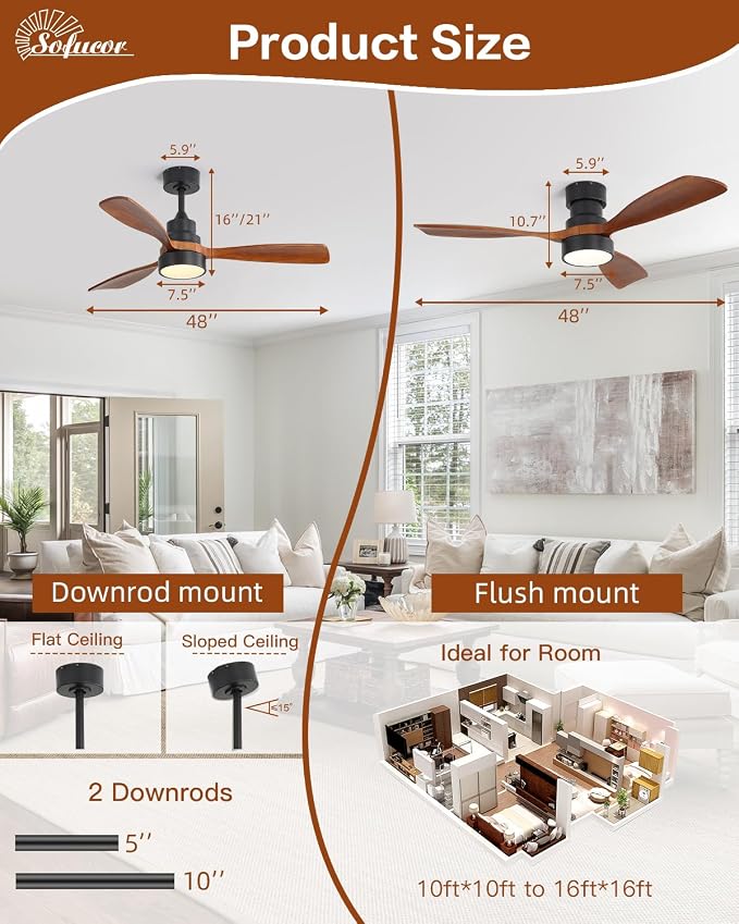 Sofucor 48 Inch Smart Ceiling Fans with Lights-Flush Mount & Downrod Mount Modern Outdoor Ceiling Fans with Alexa/Google Assistant/APP/Remote Control for Bedroom/Farmhouse/Patio, Black & Walnut