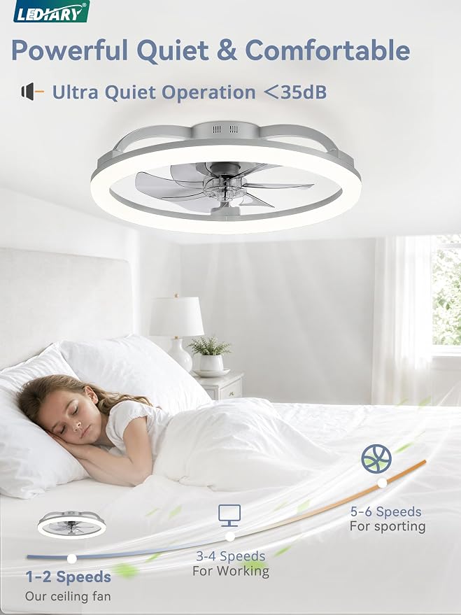 LEDIARY 23 Inch Ceiling Fans with Lights and Remote for Bedroom, Grey | Low Profile Flush Mount Ceiling Fan, Dimmable Modern Fan Light (3000K-6000K), 6 Speed, Reversible, APP & Remote Control