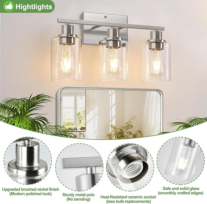 Indoi 3-Light Bathroom Light Fixtures, Brushed Nickel Modern Vanity Lights with Clear Glass Shades, Bathroom Wall Lamp for Mirror Living Room Cabinet Bedroom Porch