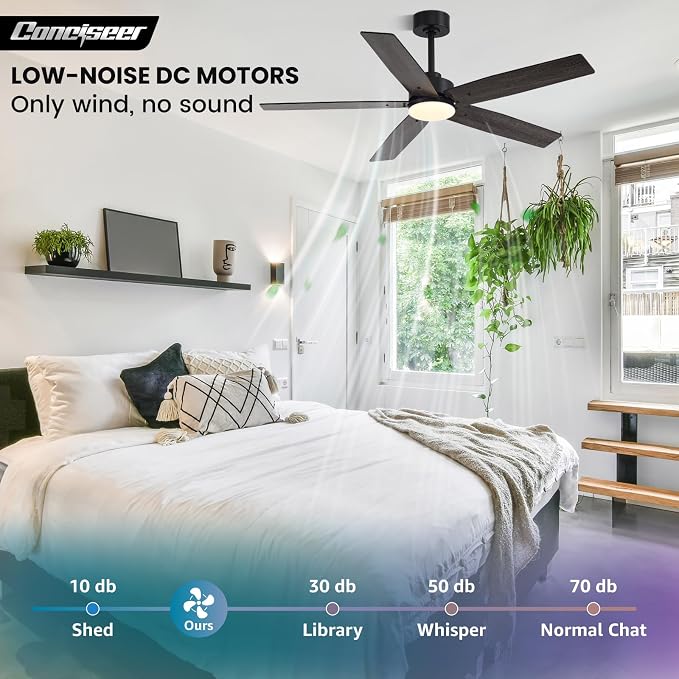 Modern 52 Inch Ceiling Fans with Lights and Remote for Bedroom Living Room Kitchen Home Office Indoor/Outdoor, 18W 3CCT Dual Color 5 Blades 6 Speed Reversible Quiet DC Motor, Black/Wood Grain