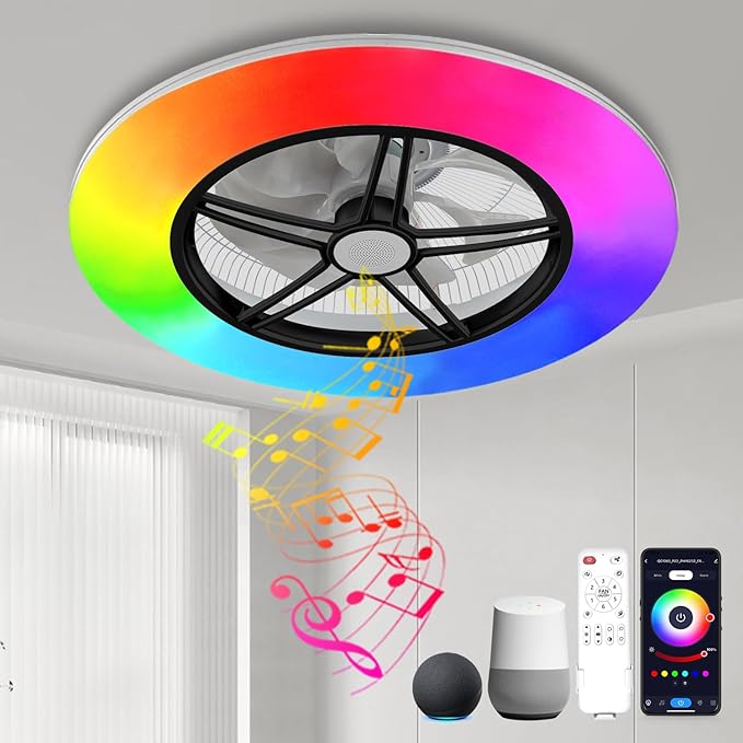 BAYSQUIRREL Alexa WiFi Low Profile Ceiling Fan with Light Flush Mount Enclosed Ceiling Fan LED Dimmable Bladeless Ceiling Fans with Google Assistant/App Control,6 Speed Dimmable LED-RGB Lights 22inch