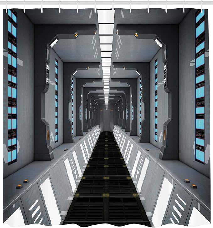 Ambesonne Futuristic Shower Curtain, Futuristic SciFi Corridor Space Ship Station Science Fiction Laboratory Picture Print, Cloth Fabric Bathroom Decor Set with Hooks, 69" W x 75" L, Grey