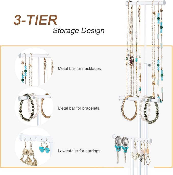 Love-KANKEI 3-Tier Jewelry Organizer Stand Holder,Adjustable Height,White | Metal Rod,Solid Wood Base,Easy to Install,Tree Style,Display Long Necklaces,Bracelets,Earrings,Rings,Watches,Bangles,Gift