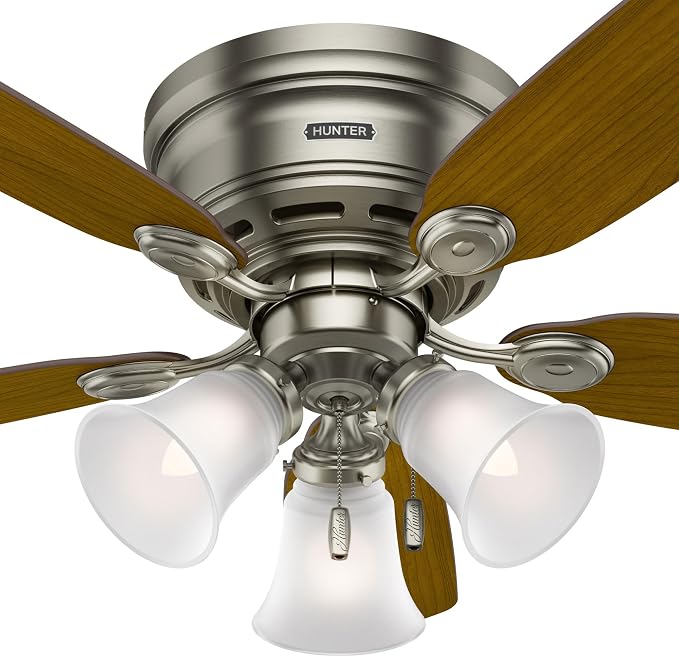 Hunter 42 inch Indoor Ceiling Fan No Light - Ceiling Fan without Light, Low Profile Flush Mount, 5 Blades, For Bedroom, Living Room, or Kitchen, Pull Chain - Low Profile IV 51060, Antique Pewter