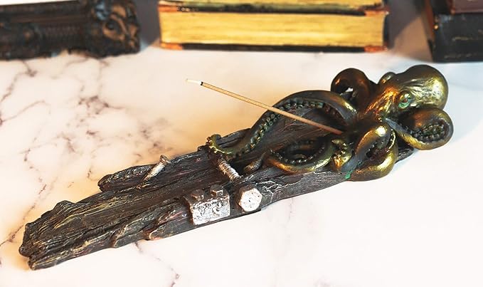 Ebros Nautical Ocean Marine Octopus On Castaway Shipwreck Wooden Deck Incense Stick Burner Holder Resin Statue Sea Kraken Giant Octopuses Themed Decorative Figurine