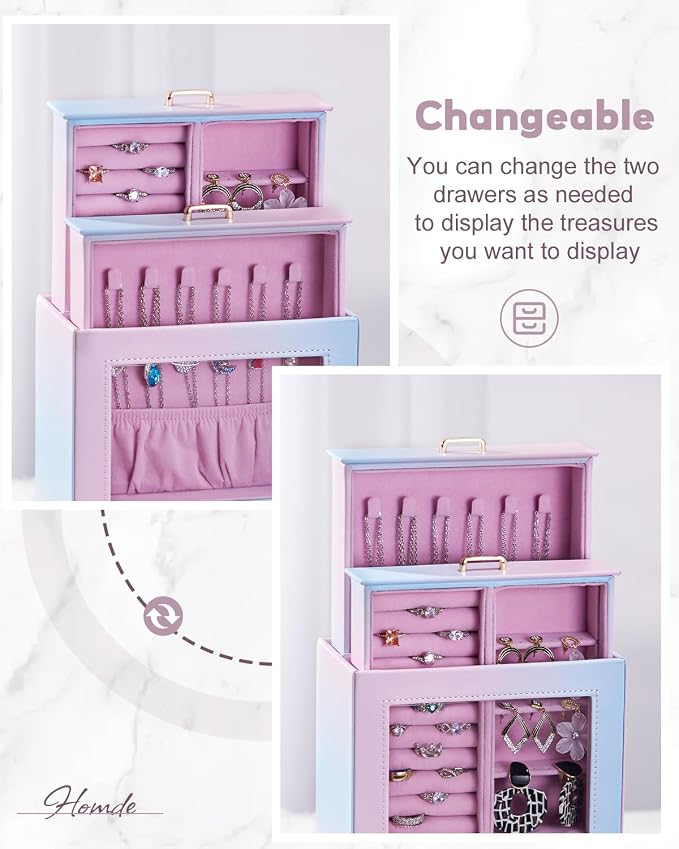 Homde Display Jewelry Box for Girls: Starter Organizer with Clear Window | Vertical Drawers for Earrings Rings Necklaces - Compact Footprint Fits Small Vanities - Birthday&Graduation Gift for Teens