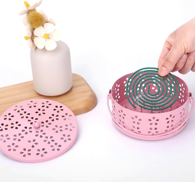 Spiral Coil Incense Burner Holder Home Outdoor Citronella Incense Coil Holder with Handle (Pink)