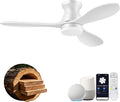 42" Wood Ceiling Fans with Lights Remote,Smart Control via Voice Alexa App,Quiet DC Motor,Flush Mount Hugger Modern Ceiling Fan for Low Profile Bedroom,Patio,Porch,Outdoor Indoor,Dim LED,3 Blade,White