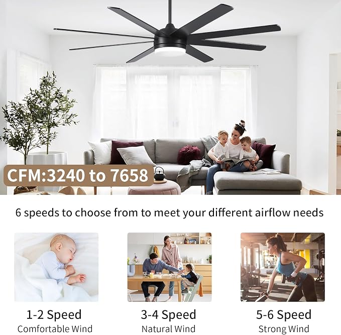 YUHAO 62 Inch Black Ceiling Fan with Light and Remote Control.Noiseless,Dimmable,3CCT,6 Speeds Reversible, DC Ceiling Fans for Indoor or Covered Outdoor Use.ETL Listed