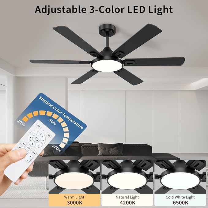 52 Inch Ceiling Fans with Lights, 6 Wooden Blades, Black | Remote Control, Reversible Quiet DC Motor, 6-Speed, 3CCT Dimmable LED, Timer for Living Room, Bedroom, Office