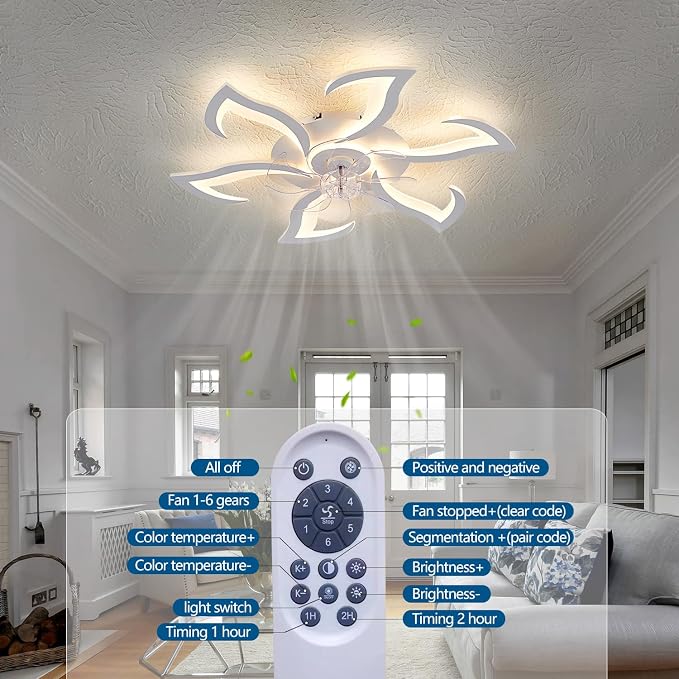 Dalouguan Modern Ceiling Fan with Lights Remote Control, 32" White 6 Speeds 3 Light Color Low Profile Flush Mount Ceiling Fan for Kitchen Bedroom