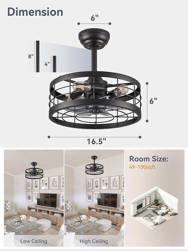 LEDIARY 16.5 inch Black Caged Ceiling Fan, Fandelier Industrial Ceiling Fan with Remote, Farmhouse Fan Ceiling Fixtures for Kitchen, Bedroom, Outdoor（6 Speed, Timing）-Black