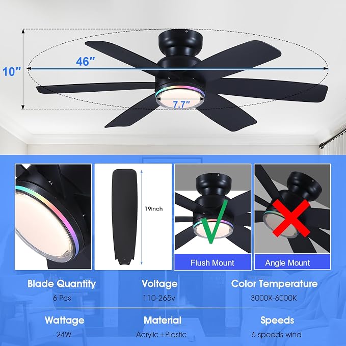 Kviflon 46" Modern Ceiling Fans with RGB Lights Remote/APP Control, Low Profile Flush Mount Ceiling Fan, 6 Reversible Plastic Blades 6 Speeds, RGB + 3 CCT Dimmable Lights for Bedroom Kidsroom, Black