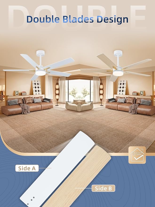 LANMEL 52 Inch Ceiling Fans with Lights, App&Remote Control, Low Profile Modern Ceiling Fan, 6 Speed, Reversible, 3000k-6500k Dimmable LED, Quiet DC Motor for Indoor Outdoor Use, Gold White