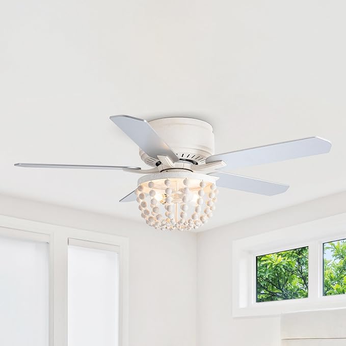 Boho Ceiling Fans with Lights, 48 Inch Flush Mounted Ceiling Fan with Remote Control and Wood Beaded Shade, 3 Speeds & Reversible Motor, 5 Double-Sided Blades for Bedroom Living Room
