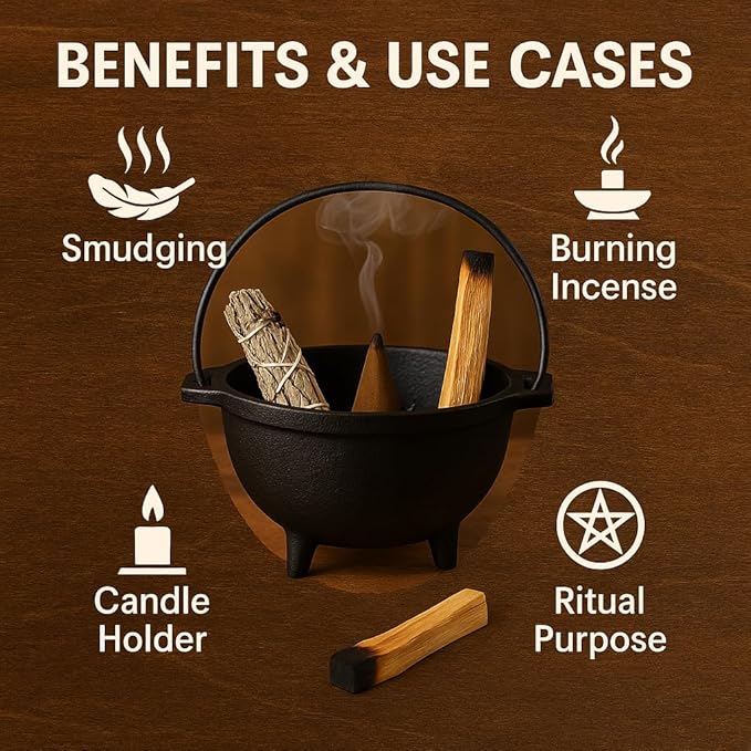 Cast Iron Cauldron w/Handle, Ideal for smudging, Incense Burning, Ritual Purpose, Decoration, Candle Holder (4" Diameter Handle to Handle, 2.5" Inside Diameter)