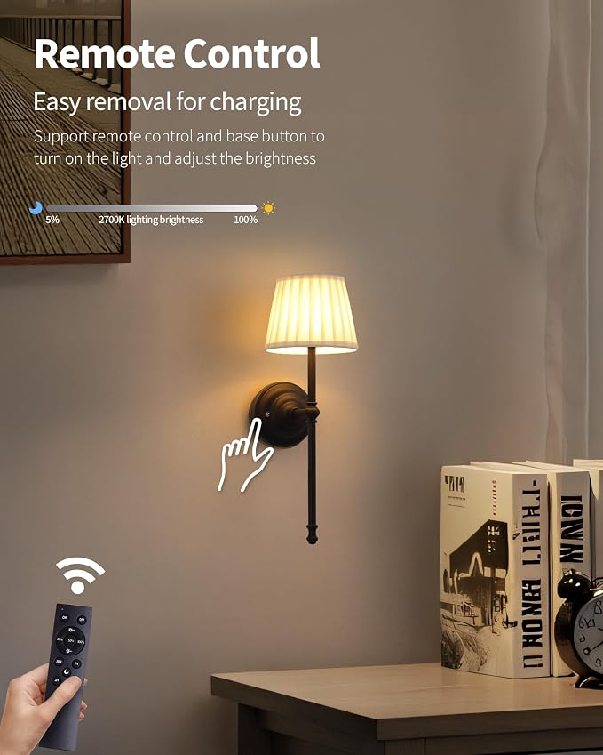 KDG Cordless Wall Sconces Set of 2, Small Wireless 5200mAh Rechargeable Battery Fabric LED Wall Lamps, Portables Lightings for Wall Painting, Living Room, Bedroom, Hallway, Gifts, Night Light (Black)
